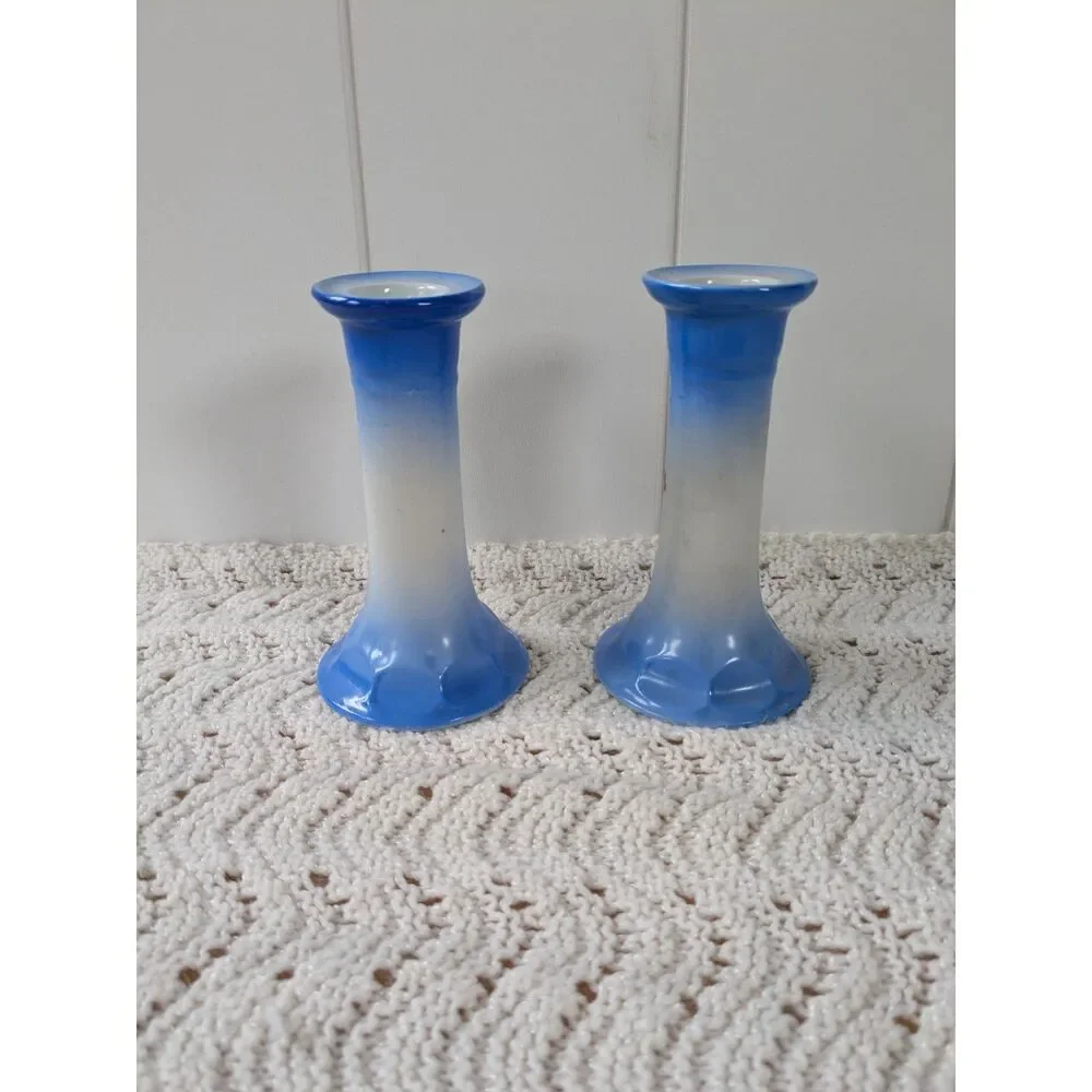 2 Pcs Porcelain Candlestick Holders - Blue with Japanese Garden Scene